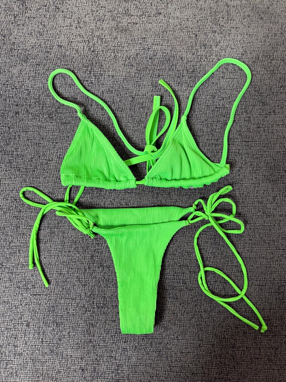 Kulani Kinis Neon Green Ribbed Triangle Tie Side Cheeky Bikini Set Size S